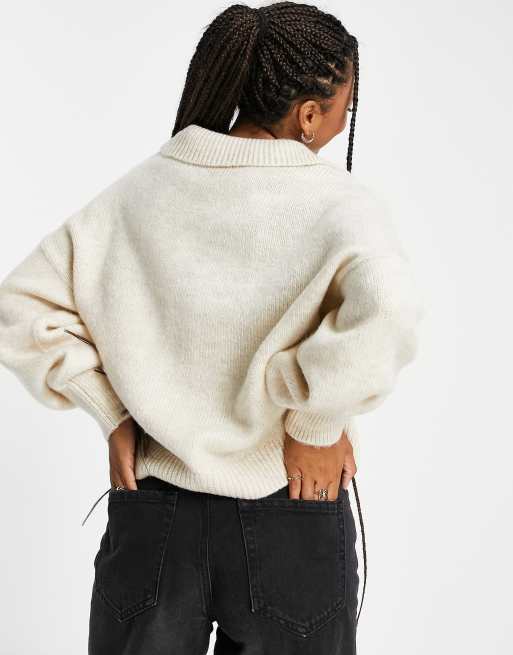 ASOS DESIGN oversized jumper with open collar in cream, 2 of 4