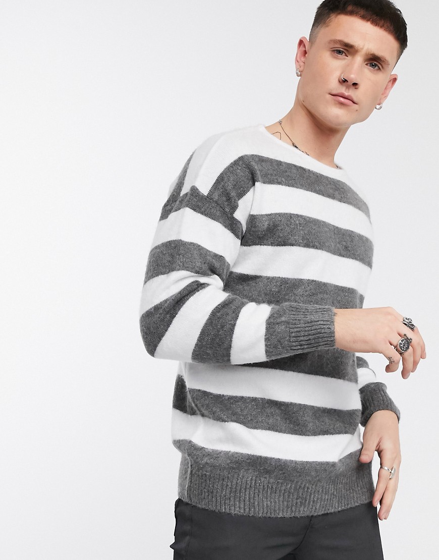ASOS DESIGN oversized jumper with scoop neck in charcoal and white stripe-Grey