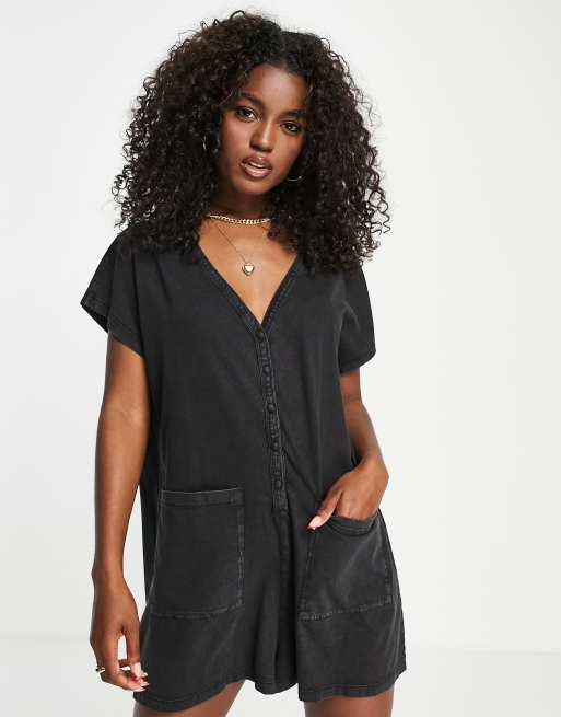 ASOS DESIGN - Oversized jumpsuit met knopen in antraciet met wassing
