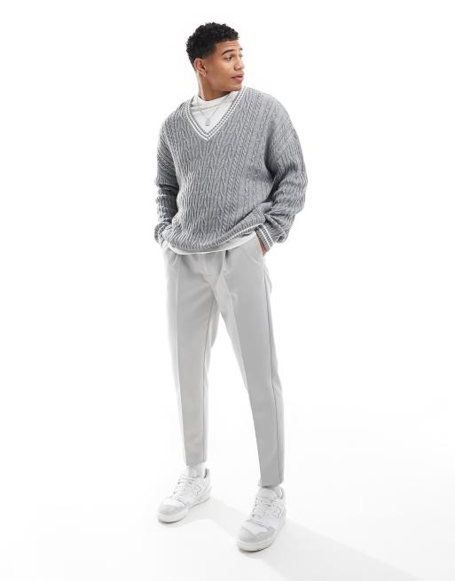 ASOS DESIGN - Oversized, kabelstrikket og grå cricket-trøje med hvide kontrastkanter, 2 af 4