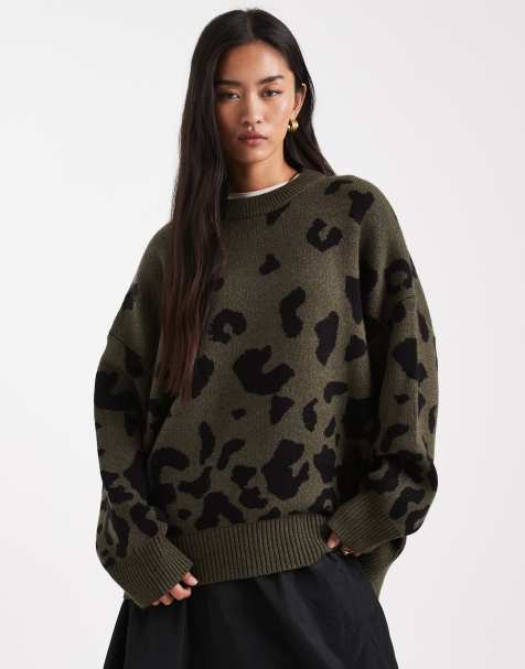 ASOS DESIGN - Oversized kakigrøn striktrøje med leopardmønster - view 1