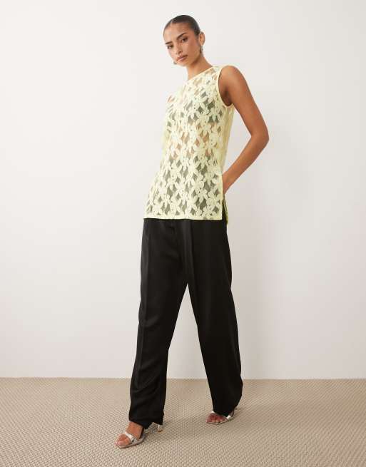 ASOS DESIGN - Oversized kanten hemdje met lange pasvorm in citroengeel, deel van co-ord set, 2 van 4