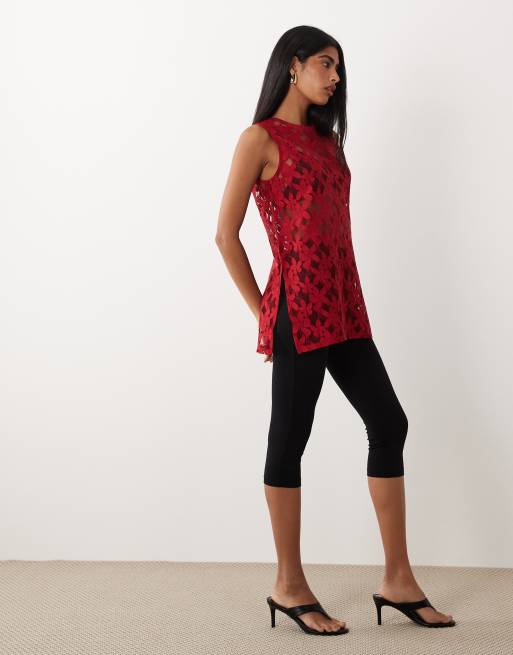 ASOS DESIGN - Oversized kanten hemdje met lange pasvorm in rood, 2 van 4