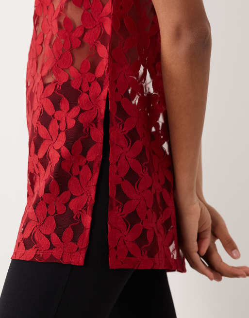 ASOS DESIGN - Oversized kanten hemdje met lange pasvorm in rood, 3 van 4