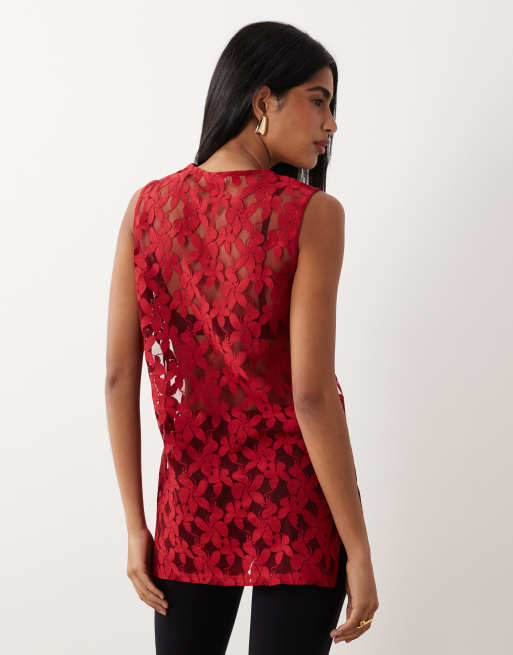 ASOS DESIGN - Oversized kanten hemdje met lange pasvorm in rood, 4 van 4