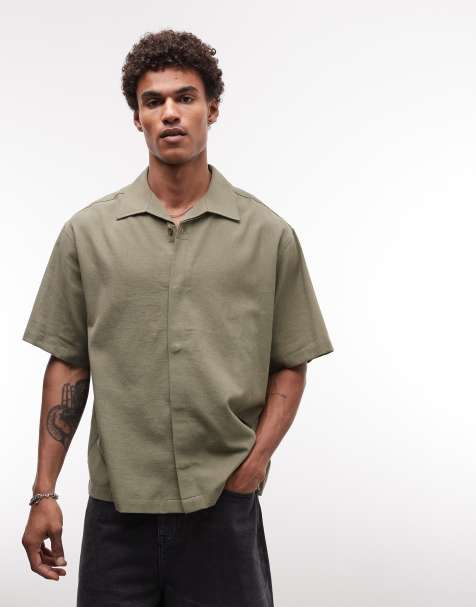 ASOS DESIGN oversized khaki shirt with revere collar and concealed placket