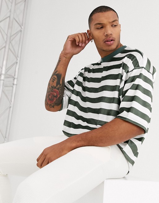 ASOS DESIGN oversized khaki striped t-shirt in velour