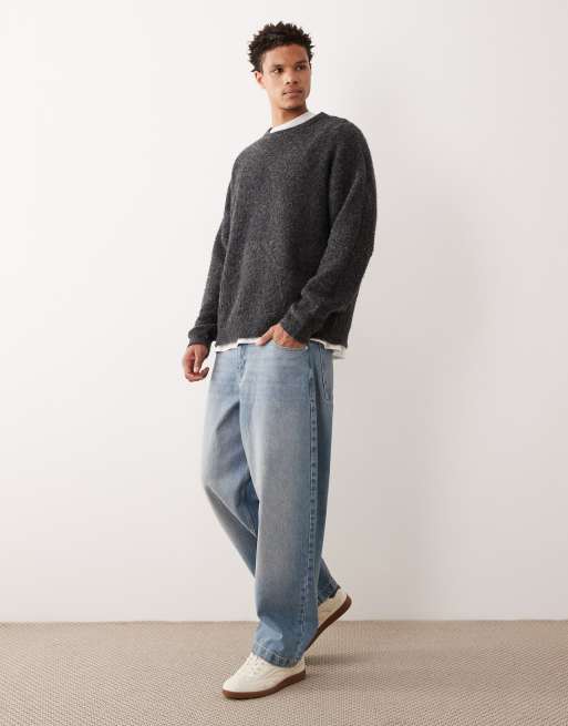 ASOS DESIGN oversized knit boucle crew neck sweater in gray