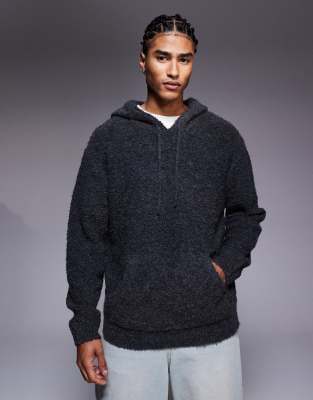 Asos Design Oversized Knit Boucle Hoodie In Gray