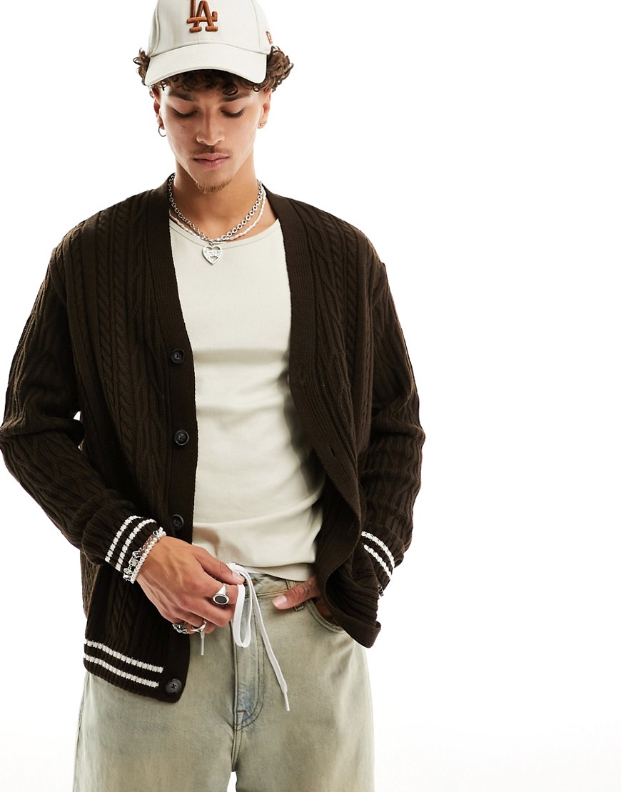 Asos Design Oversized Knit Cable Cricket Cardigan In Brown