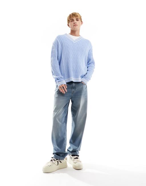 ASOS Knitted Oversized Jumper With Cloud Landscape Pattern in Blue for Men