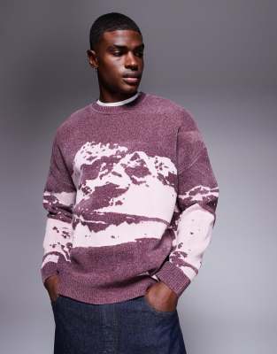 Asos Design Oversized Knit Chenille Sweater With Mountain Graphic In Purple