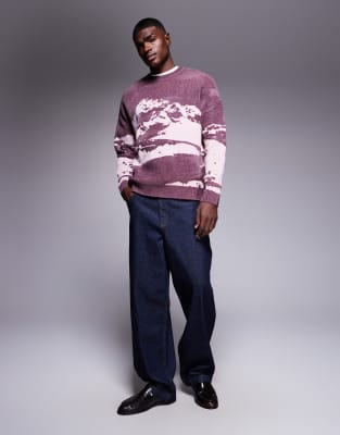 Asos Design Oversized Knit Chenille Sweater With Mountain Graphic In Purple