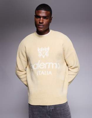 Asos Design Oversized Knit Chenille Sweater With Palermo Graphic In Neutral