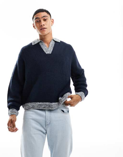 ASOS DESIGN oversized knit contrast notch neck fisherman ribbed sweater in navy