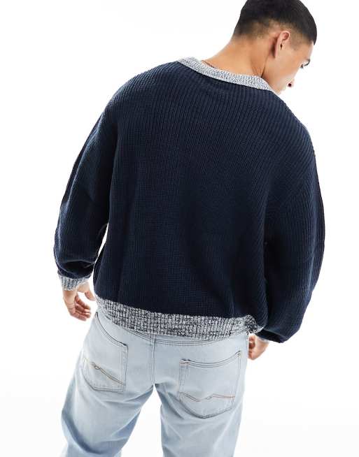 ASOS DESIGN oversized knit contrast notch neck fisherman ribbed sweater in navy, 2 of 4