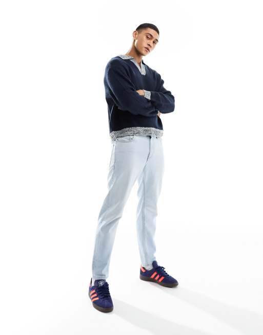 ASOS DESIGN oversized knit contrast notch neck fisherman ribbed sweater in navy, 4 of 4
