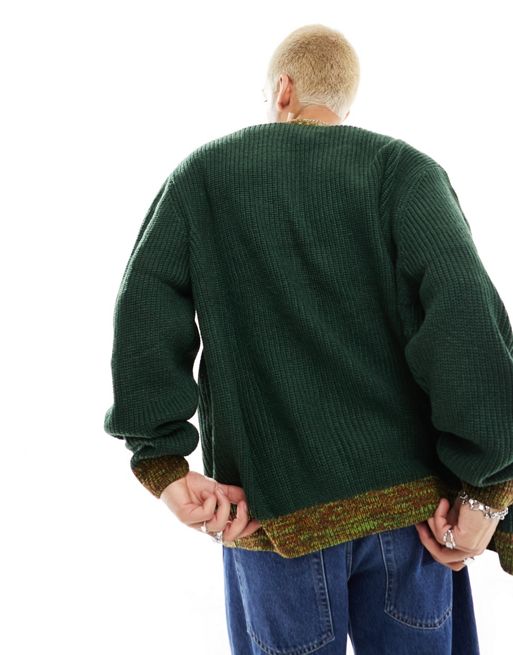 ASOS DESIGN oversized knit contrast trim fisherman ribbed cardigan in dark  green