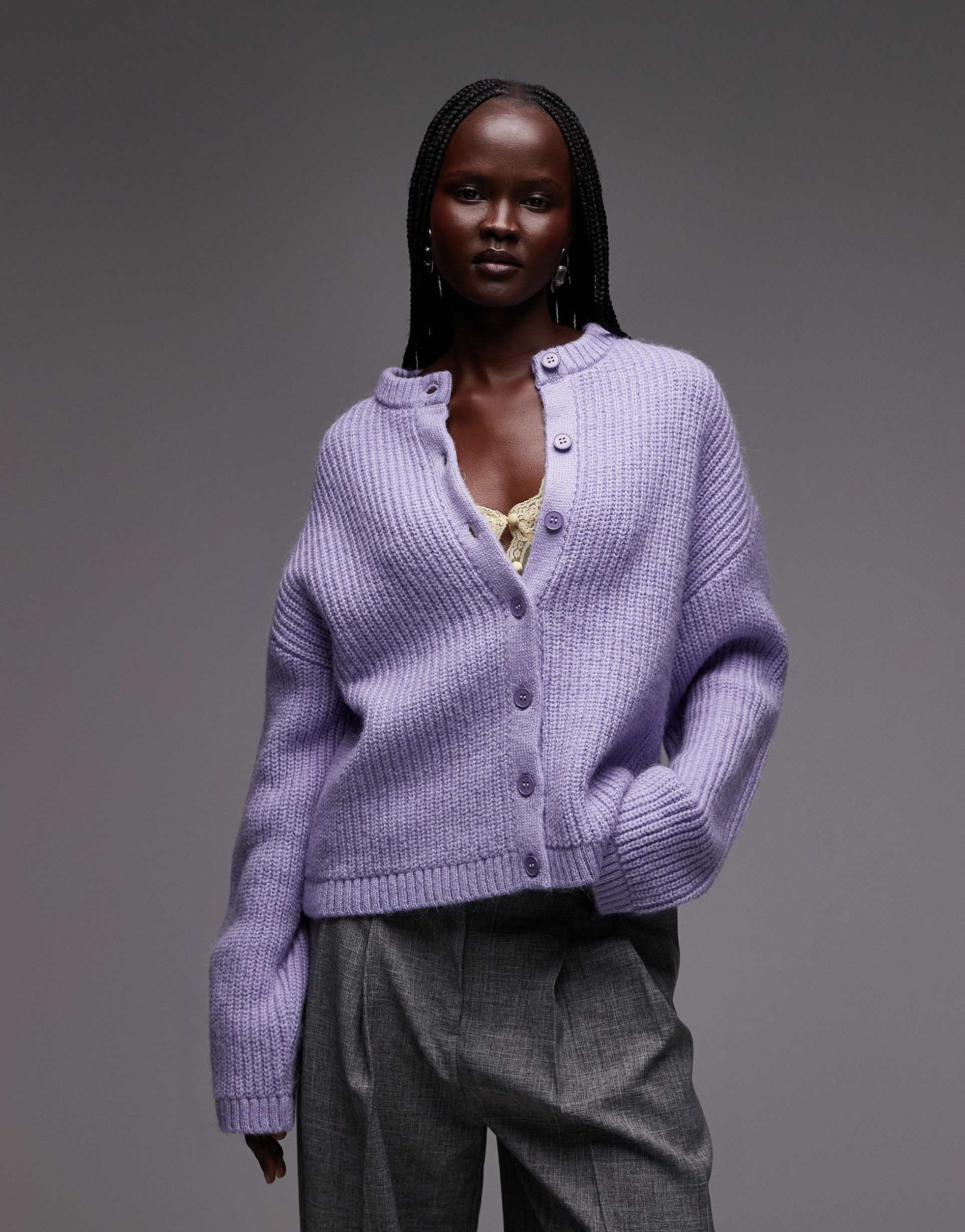 asos design oversized knit crew neck cardigan in lilac