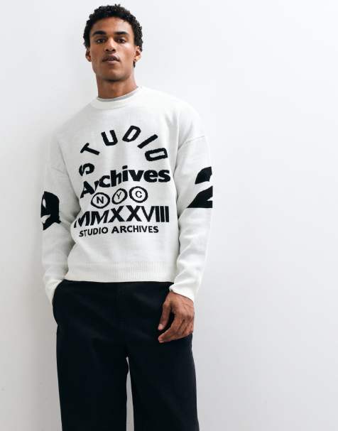 ASOS DESIGN oversized knit crew neck sweater in white with black archives graphic - view 1