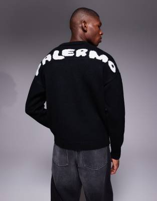 Asos Design Oversized Knit Crew Neck Sweater With Palermo Back Print In Black