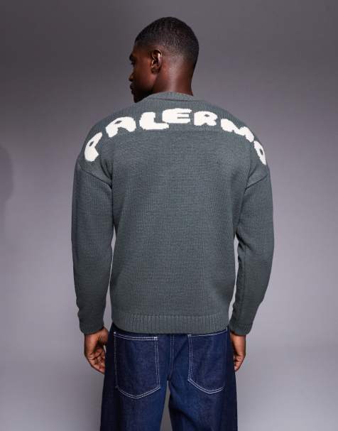 ASOS DESIGN oversized knit crew neck sweater with Palermo back print in charcoal - view 1