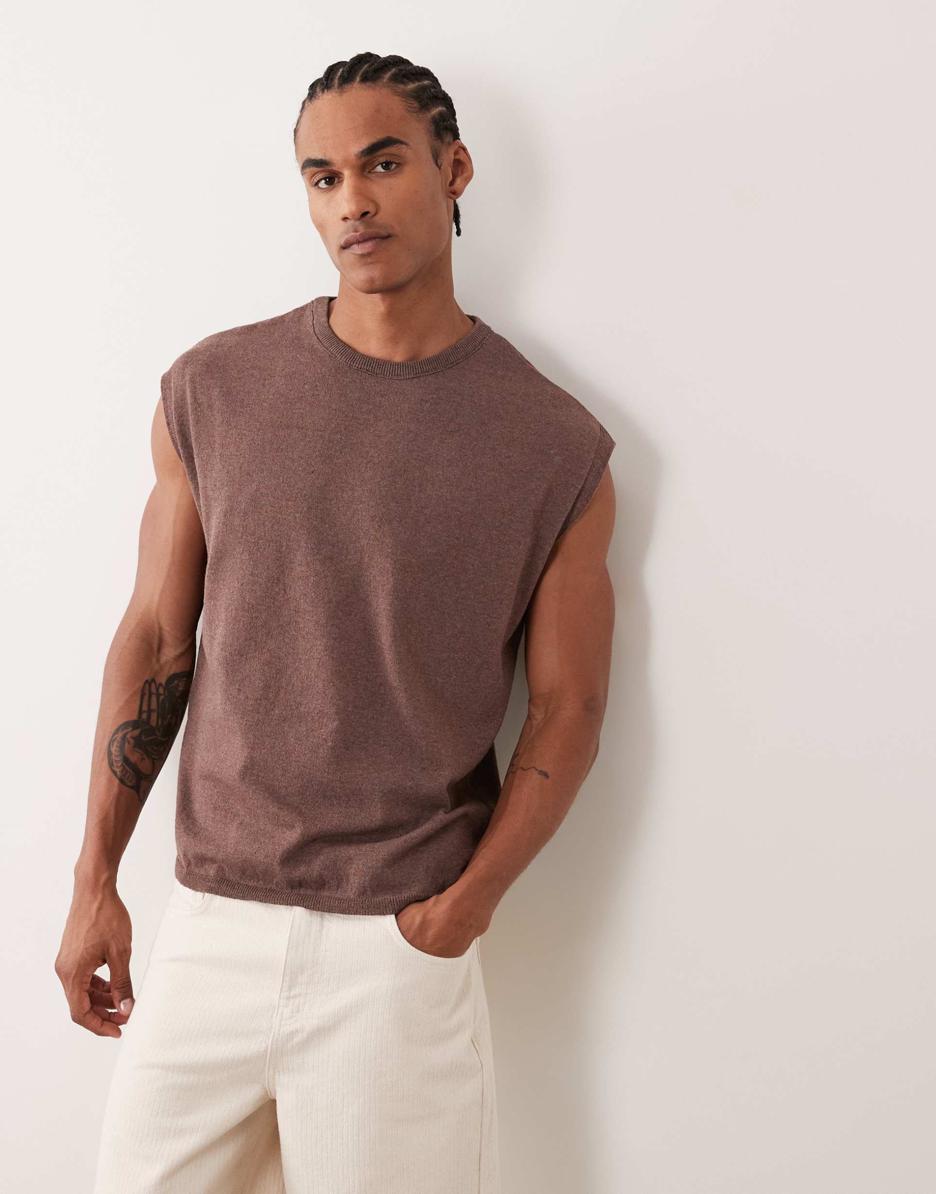 ASOS DESIGN oversized knit crew neck tank in brown