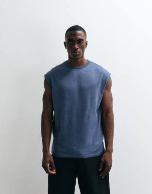 Asos Design Oversized Knit Crew Neck Tank In Blue