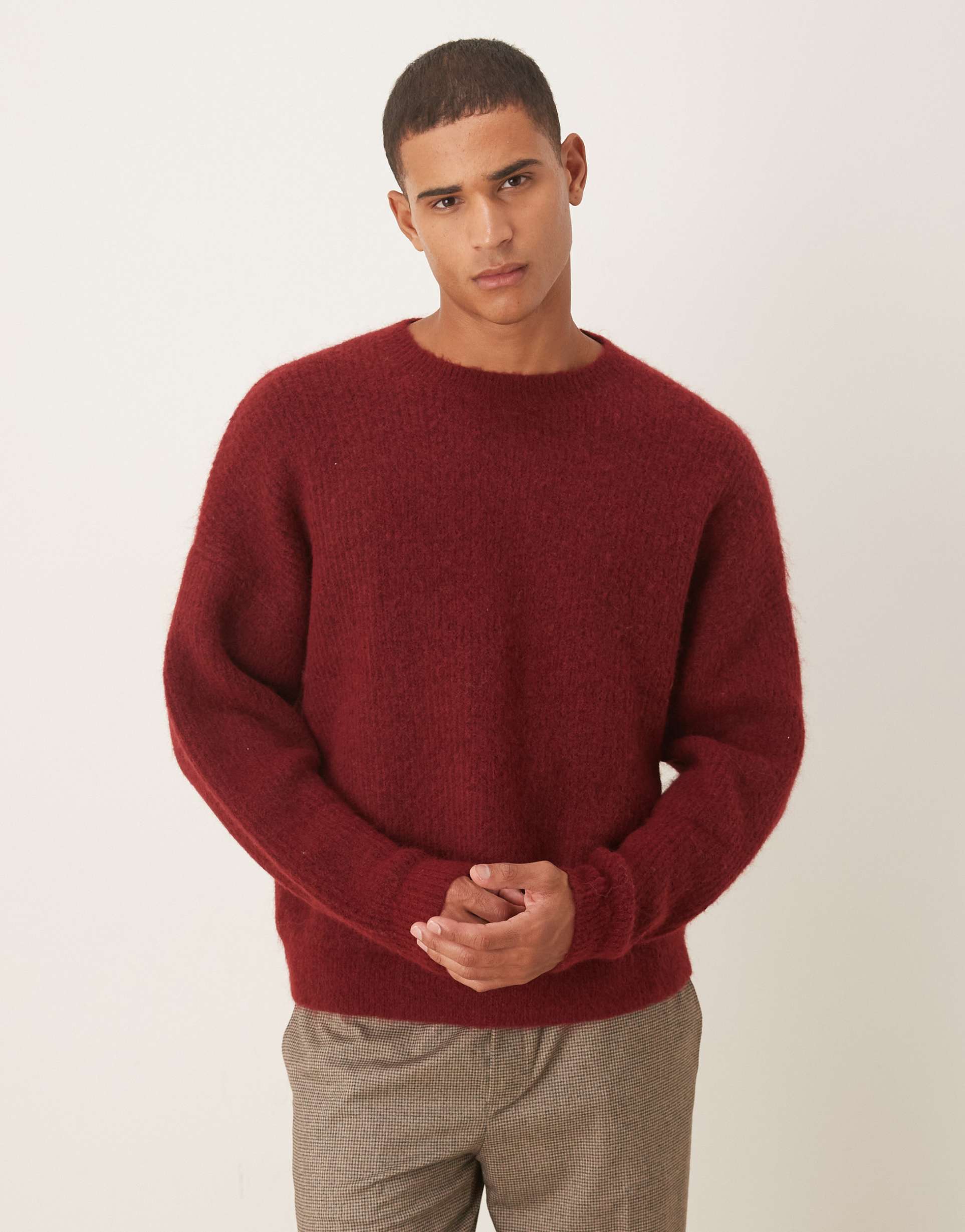 ASOS DESIGN oversized knit crew neck wool sweater in burgundy