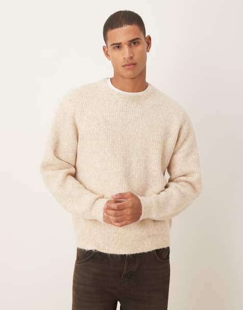 ASOS DESIGN oversized knit crew neck wool sweater in cream - view 1