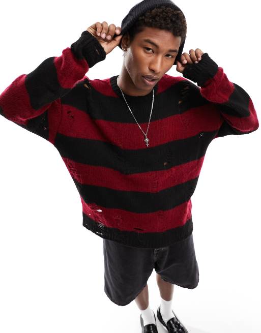 ASOS DESIGN oversized knit distressed sweater with black and red stripe ASOS