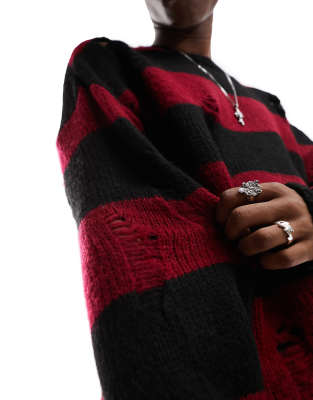 ASOS DESIGN oversized knit distressed sweater with black and red