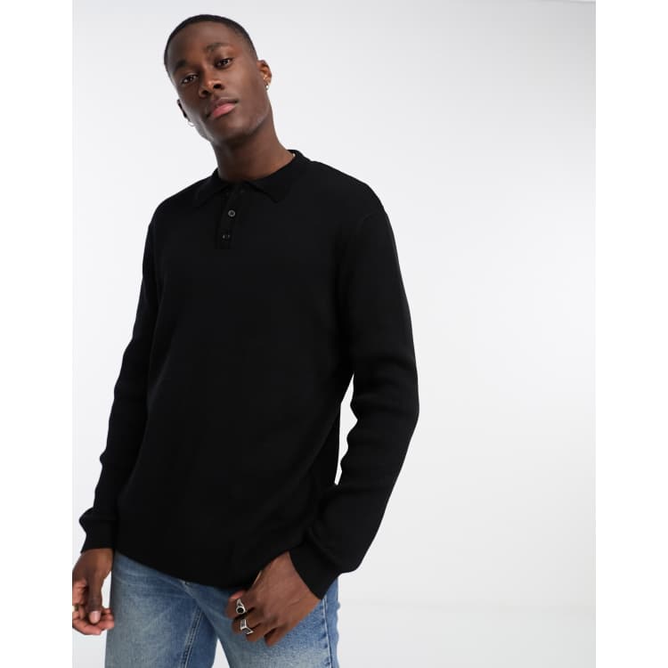 ASOS DESIGN oversized knit essential ribbed polo sweater in black