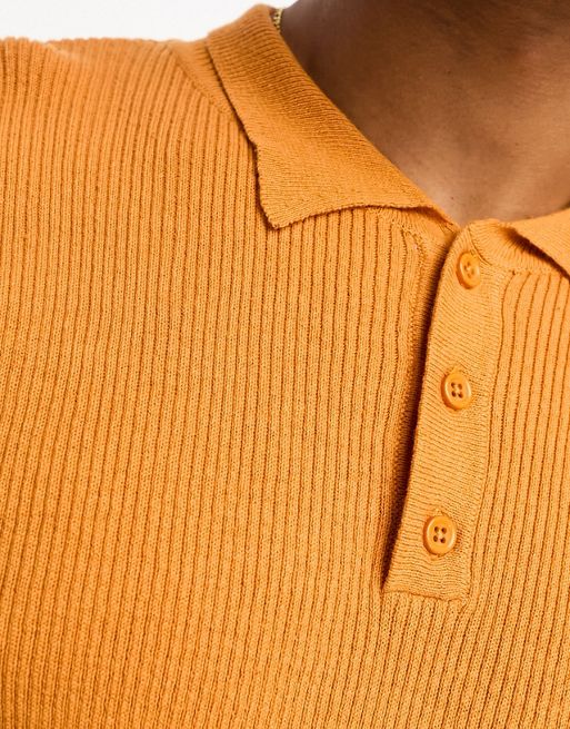 ASOS DESIGN knitted ribbed polo shirt in burnt orange