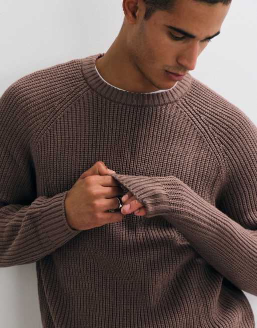 ASOS DESIGN oversized knit exposed seams crew neck sweater in brown, 3 of 5