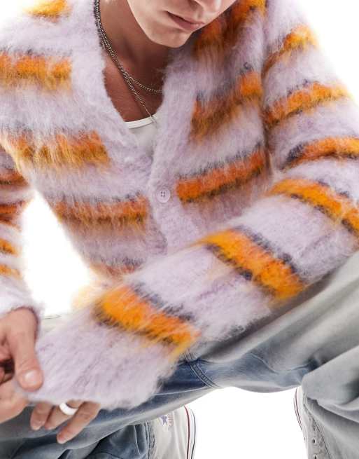 ASOS DESIGN oversized knit extreme fluffy stripe cardigan sweater in pink, 2 of 4