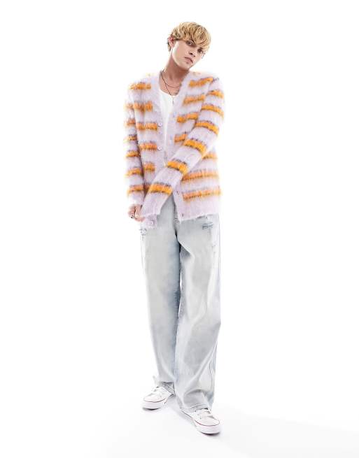 ASOS DESIGN oversized knit extreme fluffy stripe cardigan sweater in pink, 3 of 4