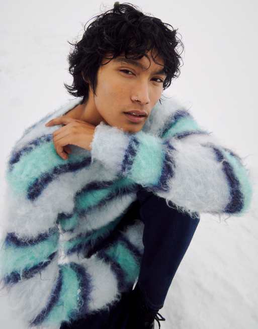 ASOS DESIGN oversized knit extreme fluffy sweater in blue stripe