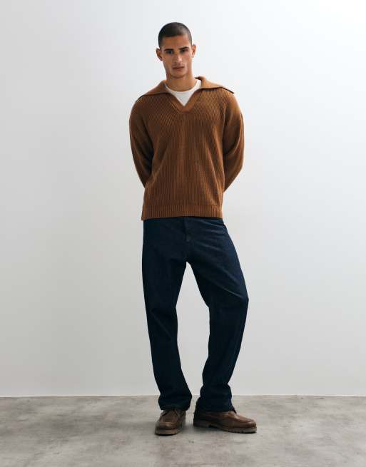 ASOS DESIGN oversized knit extreme open collar polo sweater in brown, 2 of 5