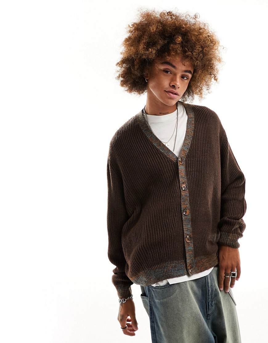Asos Design Oversized Knit Fisherman Rib Cardigan With Contrast Trim In Brown