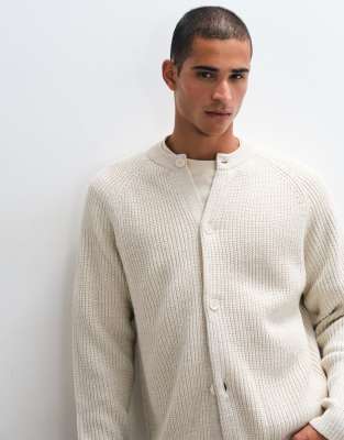 Asos Design Oversized Knit Fisherman Rib Crew Neck Cardigan In White