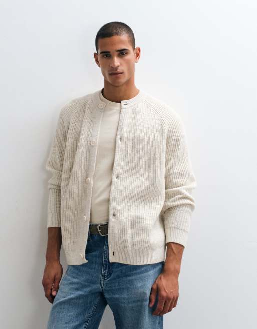 ASOS DESIGN oversized knit fisherman rib crew neck cardigan in cream, 2 of 5