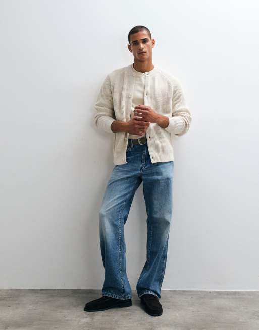 ASOS DESIGN oversized knit fisherman rib crew neck cardigan in cream, 3 of 5