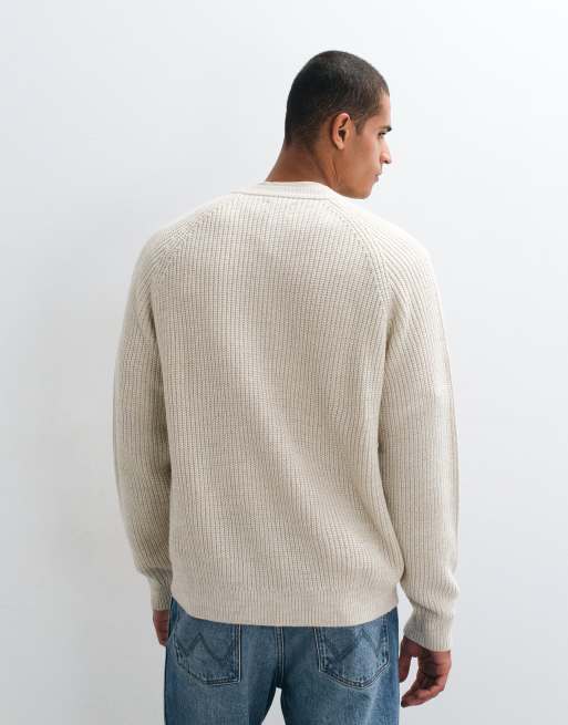 ASOS DESIGN oversized knit fisherman rib crew neck cardigan in cream, 4 of 5