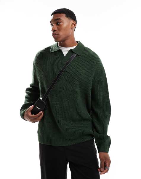 ASOS DESIGN oversized knit fisherman rib notch neck sweater in dark green - view 1