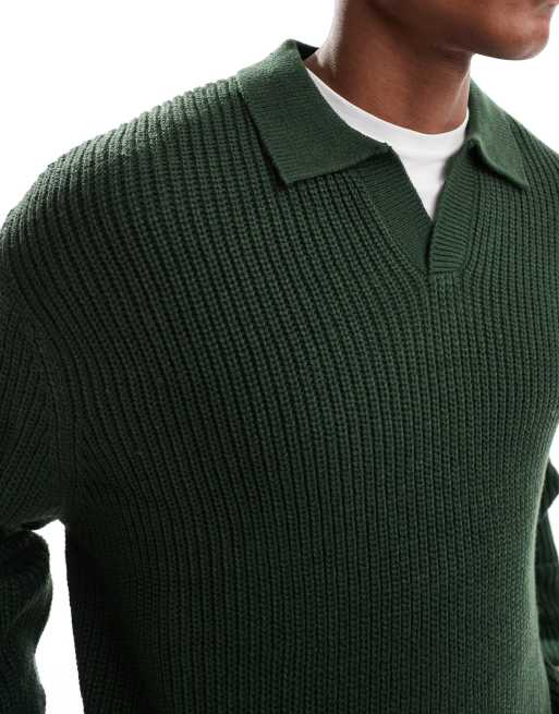 ASOS DESIGN oversized knit fisherman rib notch neck sweater in dark green