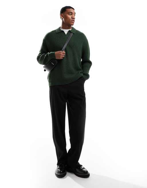 ASOS DESIGN oversized knit fisherman rib notch neck sweater in dark green