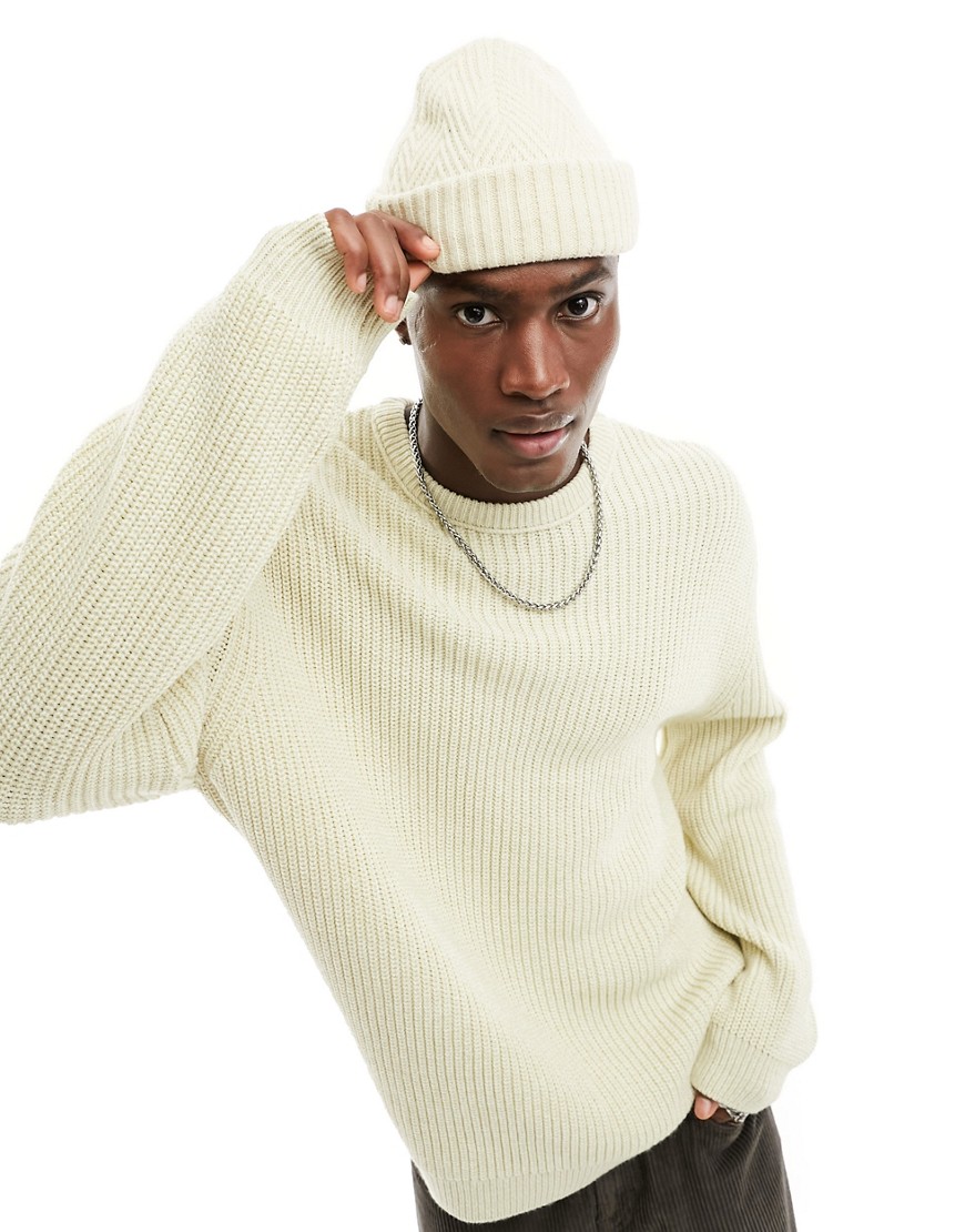 Asos Design Oversized Knit Fisherman Rib Sweater In Stone-neutral