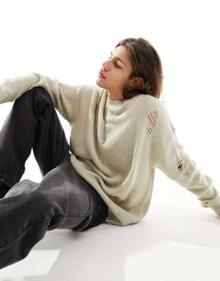 ASOS DESIGN oversized knit fisherman rib sweater with ladder detail in stone-Neutral