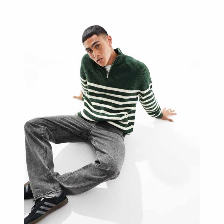 ASOS DESIGN oversized knit fisherman ribbed 1/4 sweater in green and white  stripe